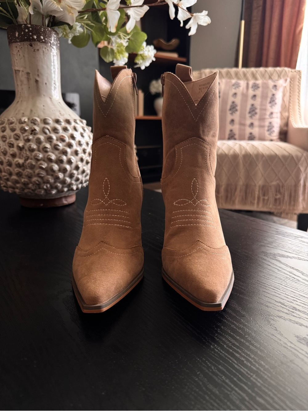 Suede Western Ankle Boots in Tan